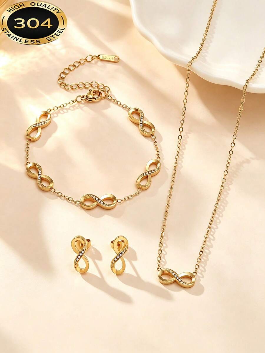 1 Set 18K Gold Plated Rhinestone Stainless Steel Lucky Four-Leaf Clover Necklace, Bracelet, Earrings 3 Pieces Set, Designed For Women, Suitable As Birthday, Wedding Gift - Yellow Gold - View 1
