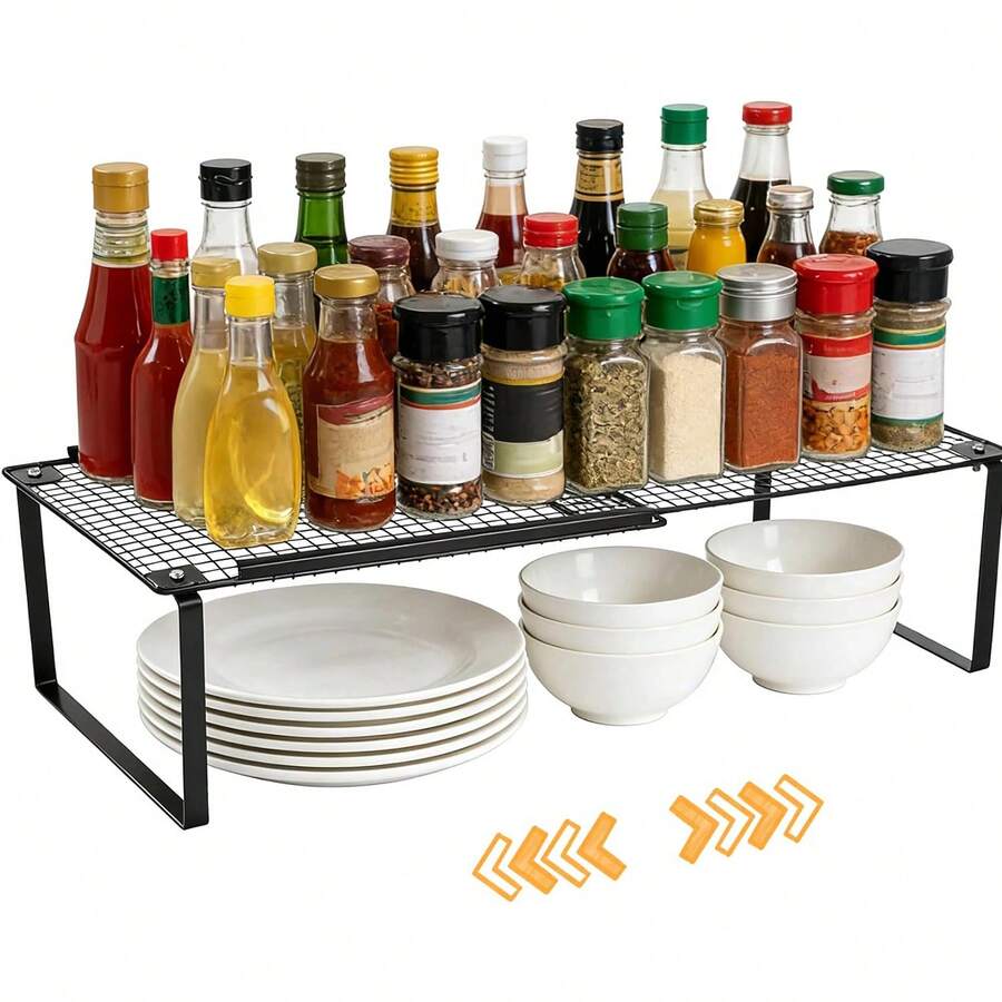 Expandable Metal Cabinet Shelf Organiser, Adjustable Stackable Storage Rack, Heavy Duty Mesh Countertop Shelf For Kitchen, Wardrobe, Cupboard, Pantry & Bathroom Storage