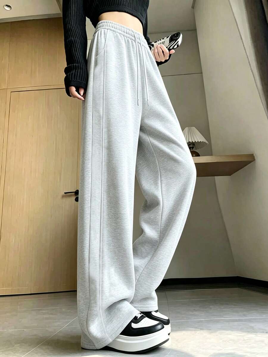 Women's Elastic Drawstring Wide Leg Pants, Casual Straight Leg Sweatpants, Loose Fit Banana Pants For Home, Daily Wear And Commuting - Grey - View 1
