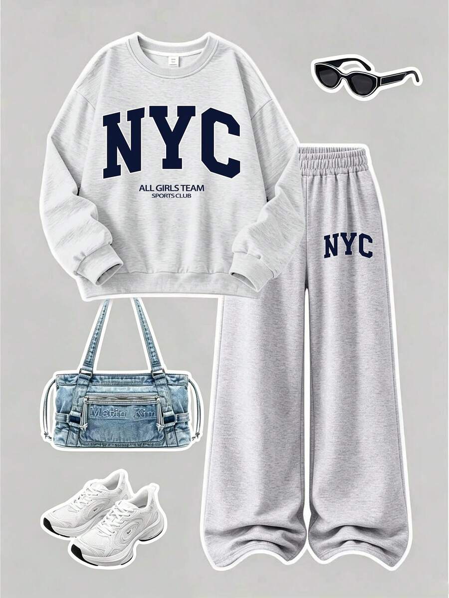 女童 NYC 字母印花運動衫 + 同款寬腿運動長褲 2 件套,麻灰色學院風大童女裝套裝 - 淺灰色 - 查看 1