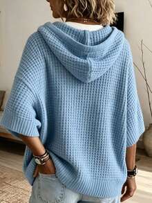 Women's Plus Size New Autumn/Winter Hooded Knit Top, Waffle Texture V-Neck Drawstring Hoodie, Loose Drop Shoulder Mid-Sleeve Casual Pullover Sweater - Blue - View 3