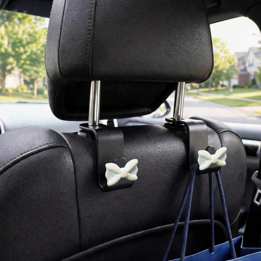 2pcs Shiny Rhinestone Bow Tie Car Seat Back Hooks, Hidden Backrest Hooks, Multifunctional Creative Small Hooks - A - View 1