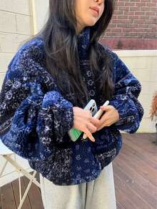 YCYC Vintage Elegant Floral Pattern Fuzzy Jacket Women Winter Stand Collar Padded Coat - Blue - View 2