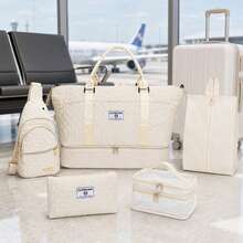 5‑In‑1 Travel Duffel Bag Set Quilted Weekender Tote With Shoe Compartment Cosmetic Pouch Sling Backpack For Travel - White - View 7