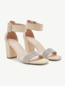 Rhinestone Block Heel Sandals For Women, Ankle Strap Open Toe High Heels, Formal Party Office Footwear - Apricot - View 1