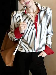 Women's Retro Colorblock Striped Polo Collar Long Sleeve Shirt, Spring New Fashion Design Loose Casual Top - White - View 3