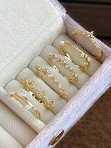 6pcs Minimalist Fashion Cubic Zirconia Faux Pearl Leaf Copper Alloy Open Rings Suitable For Women's Daily Wear And Gatherings (Gift Box Not Included) - Yellow Gold - View 9