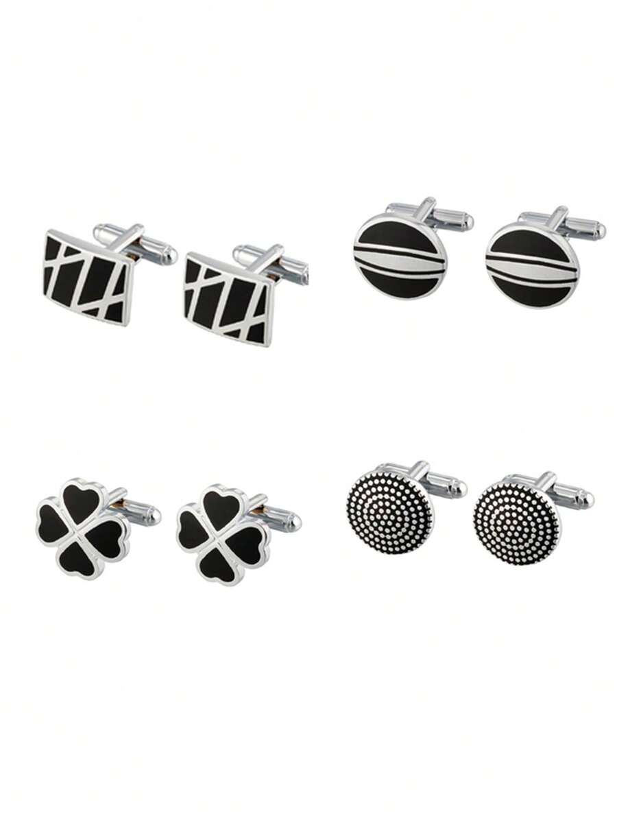 4 Pairs Men's Classic Cufflinks Set, Silver Black Gold Metal Shirt Cufflinks, Suitable For Wedding Business Party Formal Suit Accessories - Black - View 1