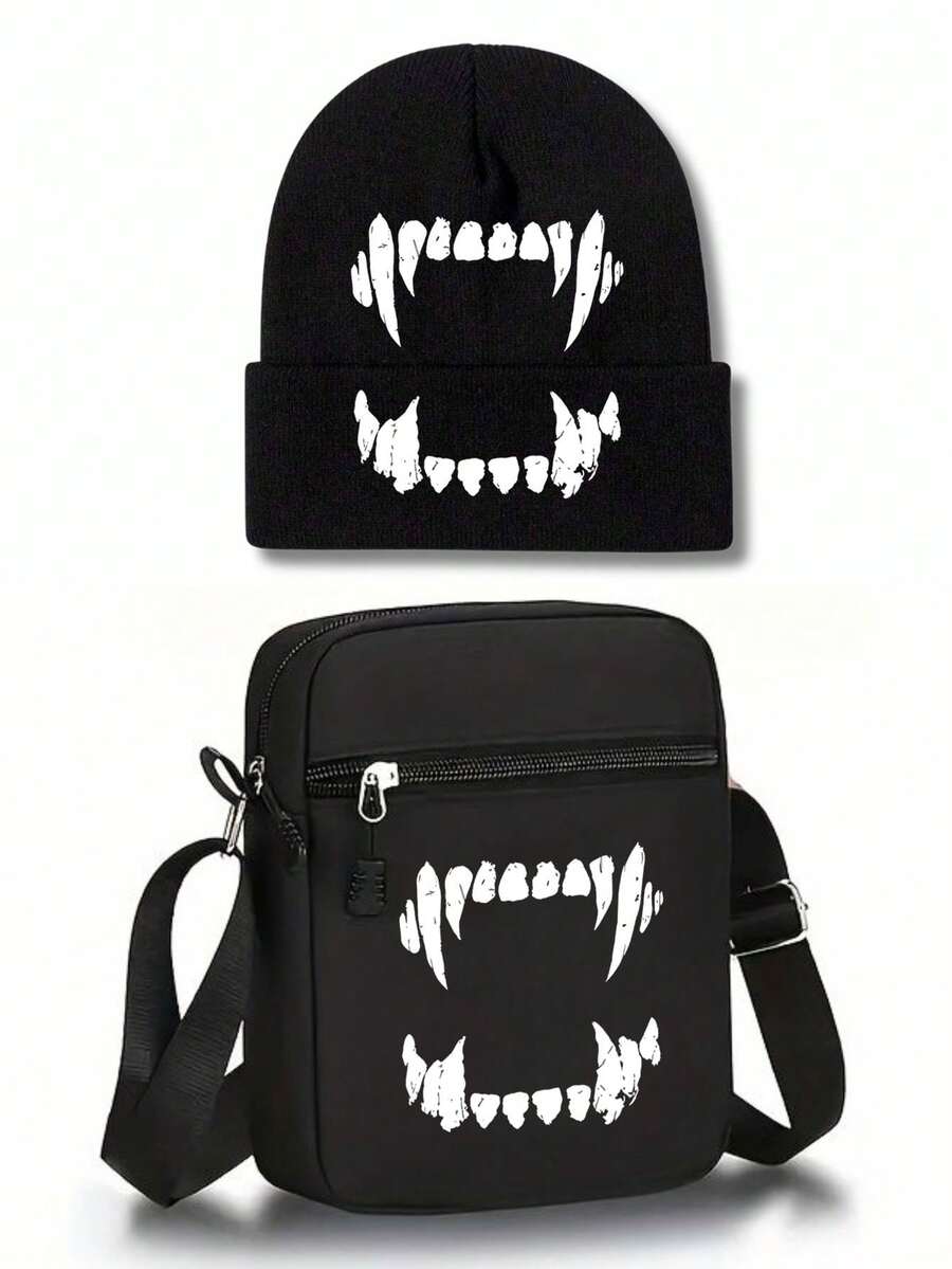 1pc/2pcs Halloween Vampire Teeth Print Knit Beanie Hat & Crossbody Bag Set, Unisex Printed Fall Winter Streetwear Accessories For Men Women - Multicolor - View 1