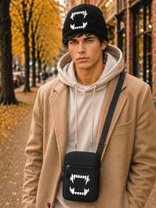 1pc/2pcs Halloween Vampire Teeth Print Knit Beanie Hat & Crossbody Bag Set, Unisex Printed Fall Winter Streetwear Accessories For Men Women - Multicolor - View 2