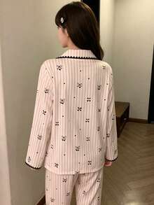 2pcs/Set Women's Pajamas Loungewear, Open Front Lapel Bow Print Minimalist Casual Long Sleeve Cropped Pants, Easy Care Fabric - Pink - View 2