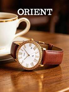 Orient Vintage Gold-Tone Women's Quartz Watch With Roman Numeral Dial, Date Display, Burgundy Embossed Leather Strap, Luxury Style For Party And Commute - Gold - View 2