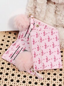Ladies' Bow Printed Wallet Zipper Folding Button Short Wallet, With A Pom-Pom Charm, Suitable For Daily Commuting Travel - Hot Pink - View 8