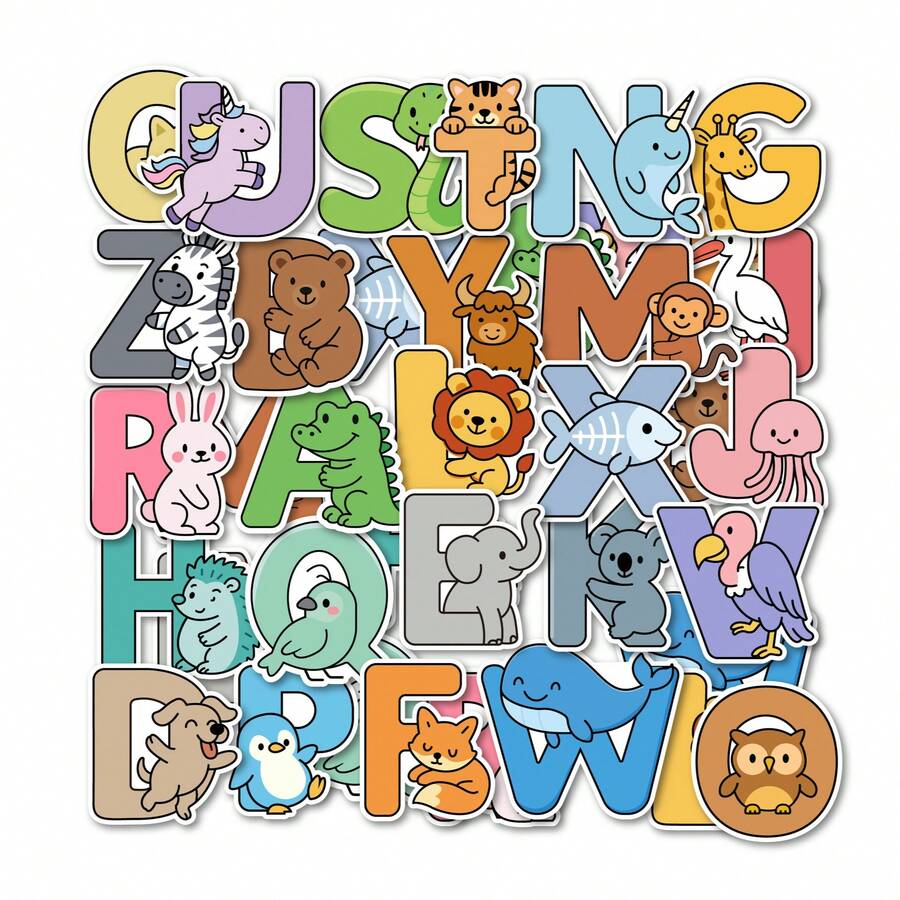 somoving 52pcs Animal Alphabet Stickers - Educational Alphabet Stickers For Kids, Suitable For Water Bottles And Crafting - Multicolor - View 1