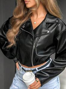 Women's PU Leather Motorcycle Jacket With Lapel Collar, Zipper, Litchi Texture, Loose Fit, Elastic Waist, Short Length, Spring/Autumn - Black - View 4