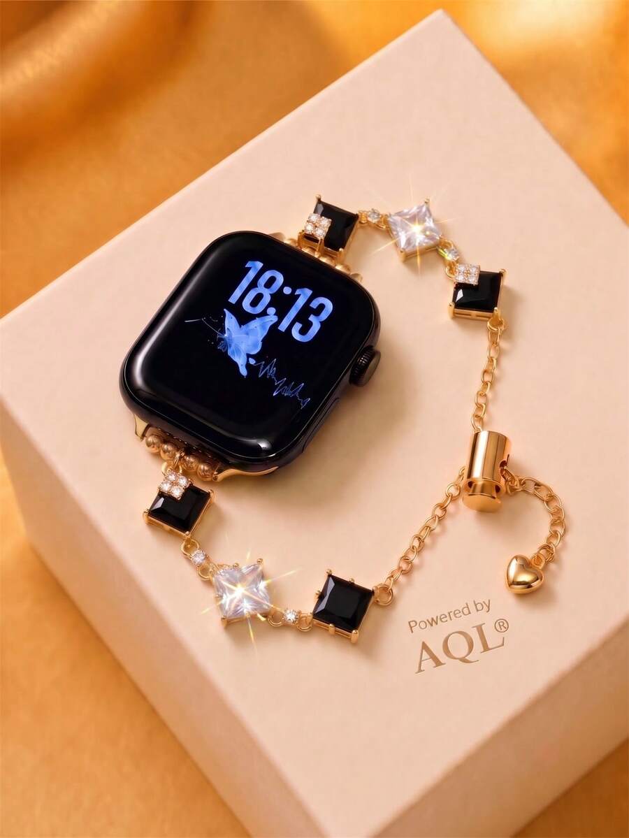 Premium Starry Sky Watch Band For Apple Watch 38/40/41/42/44/45/46/49mm, Compatible With Ultra/SE 2/SE 1/Series 11/10/9/8/7/6/5/4/3/2/1 - Black Gold Square Diamond - View 1