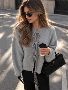 Apperloth A Women's Elegant Ribbed Knit Sweater Round Neck Lace Up Front Drop Shoulder Long Sleeve Tops Fall Clothes Casual Daily Versatile Commute Outfit - Grey - View 3