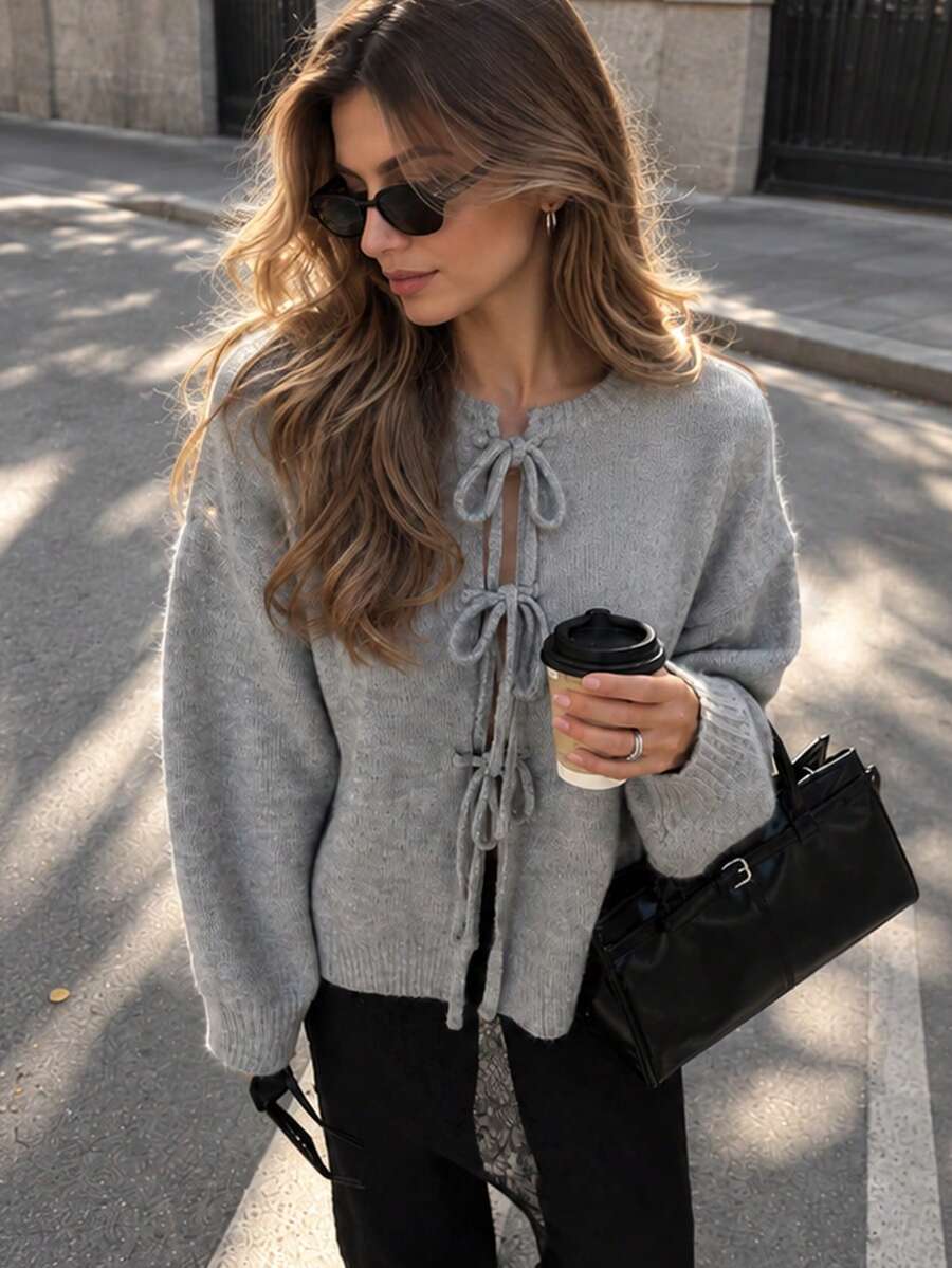 Apperloth A Women's Elegant Ribbed Knit Sweater Round Neck Lace Up Front Drop Shoulder Long Sleeve Tops Fall Clothes Casual Daily Versatile Commute Outfit - Grey - View 1