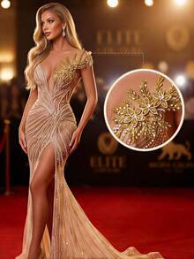 1pc Handmade Rhinestone Patches DIY Applique Patches Accessory For Wedding Dress Clothes - Gold - View 2