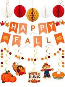秋季派對裝飾 Happy Fall 橫幅，附蜂巢球、南瓜楓葉吊飾、螺旋圓點花環，適用收穫季秋季節慶與感恩節裝飾 - 查看 6