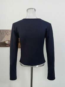Korean Style Gentle Twist Front Blue & White Colorblock Floral Design Long Sleeve 2 In 1 Women's Autumn/Winter Top - Navy Blue - View 7