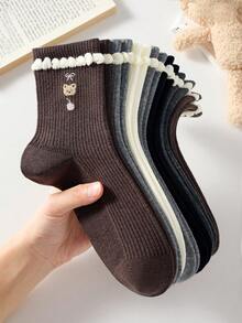 4 Pairs Women's Cute Sweet Breathable Bear Bow Cherry Pattern Short Socks, White Black Casual Comfortable Mid-Calf Socks, School Style Student Socks Gift, Random Color, Suitable For Daily Wear, Spring Summer Autumn Winter All Seasons - Multicolor - View 9