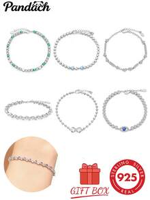 1pc S925 Sterling Silver All-Match Bracelet, Multiple Colorful Zirconia Tennis Chain And Bead Chain Styles, Compatible With DIY Beaded Pendants, Minimalist Luxury Style, Includes Extension Chain For Adjustable Size, Comes With Gift Box, Versatile Handmade Jewelry All-Match Silver Chain Accessory - Multicolor - View 1