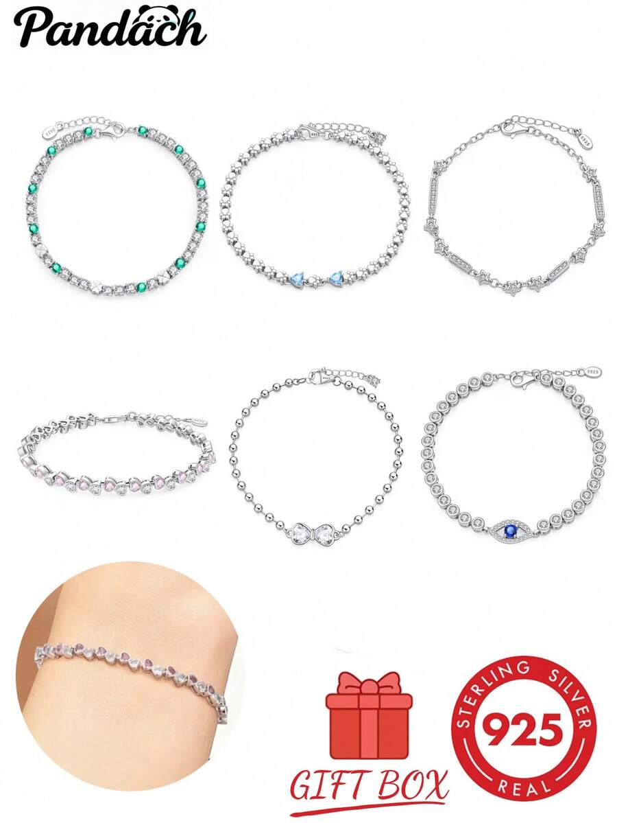1pc S925 Sterling Silver All-Match Bracelet, Multiple Colorful Zirconia Tennis Chain And Bead Chain Styles, Compatible With DIY Beaded Pendants, Minimalist Luxury Style, Includes Extension Chain For Adjustable Size, Comes With Gift Box, Versatile Handmade Jewelry All-Match Silver Chain Accessory - Multicolor - View 1