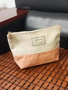 Lancôme Color-Block Canvas Zipper Makeup Bag, Large Capacity Portable Toiletry Bag With Rose Pendant, Commuter Travel Daily Beauty Storage Pouch, Gentle Minimalist Style, Perfect Gift For Bestie Birthday Anniversary Holiday - White + Pink - View 1