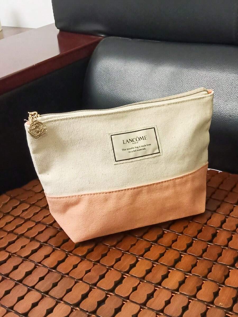Lancôme Color-Block Canvas Zipper Makeup Bag, Large Capacity Portable Toiletry Bag With Rose Pendant, Commuter Travel Daily Beauty Storage Pouch, Gentle Minimalist Style, Perfect Gift For Bestie Birthday Anniversary Holiday - White + Pink - View 1