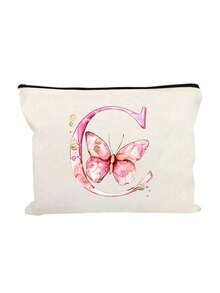 Pink Butterfly Letter A-Z Print White Makeup Bag, Gift For Girls, Cute Vintage Minimalist Fashion Letter Pattern Printed Storage Bag, Cosmetic Pouch, Storage Bag, Makeup Organizer Bag, Toiletry Bag, Clutch, Lightweight Foldable Storage Bag, Simple Shopping Bag, Teacher Gift Clutch, Nurse, Doctor, Teacher Storage Bag, Suitable For Personal Travel Cosmetic Storage - Multicolor - View 27