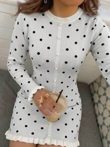 Women's Autumn Set, Elegant Polka Dot Multicolor Long Sleeve Round Neck Ruffle Hem Sweater Dress, Suitable For Outings And Birthday Wear - Multicolor - View 11