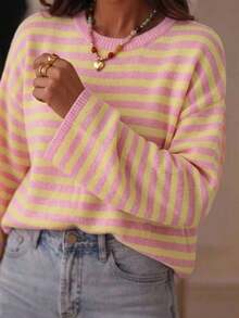 Women Fall Winter Sweater Y2k Going Out Tops Multicolor Sweater, Long-Sleeve Pullover With Stripes, Collegiate Casual Streetwear - Multicolor - View 9