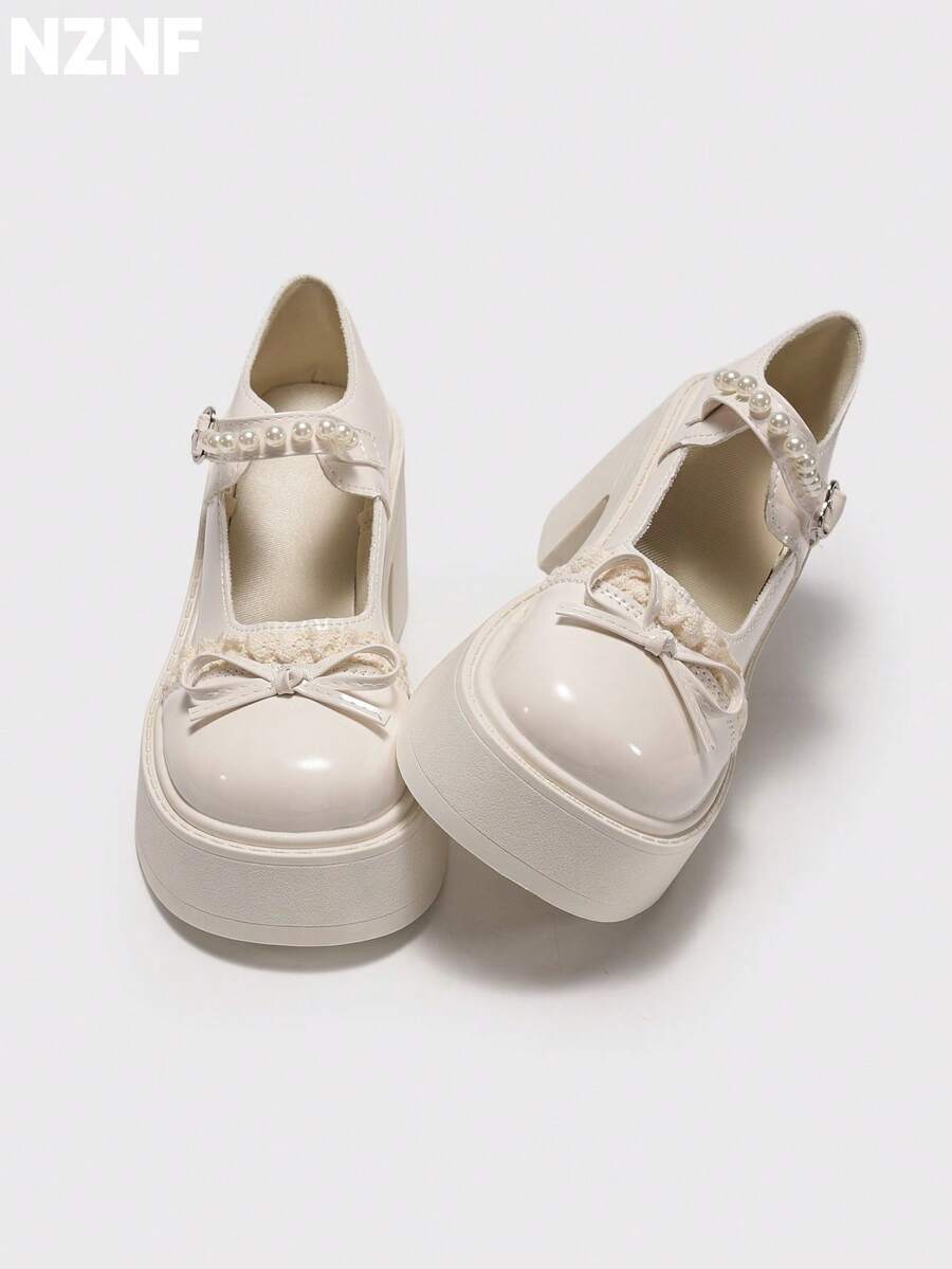 NZNF Women's Solid Color Academy Style PU Shoes With Buckle Strap, Thick Sole And Chunky Heel, Daily Commute Shoes - White - View 1