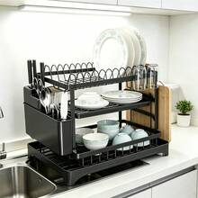 White 2-Tier Metal Compact Dish Rack, Sink Dish Rack With Utensil Holder, Cup Holder, Cutting Board Rack And Drip Tray - Multicolor - View 1