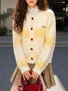 Women's Autumn/Winter Casual Minimalist Vacation Youthful Style Fuzzy Round Neck Cardigan Sweater Jacket - Off-white - View 4