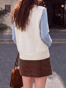 Women's Autumn Casual Minimalist Retro Round Neck Cardigan Sweater Vest - White - View 2