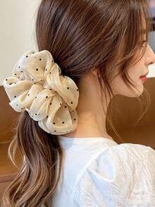 1pc 16cm Extra Large Polka Dot Glass Organza Scrunchie - Beige - View 2