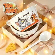 TOM AND JERRY. وعاء سيراميك بمقبض مزدوج بتصميم شخصية كرتونية، وعاء لطيف للشوفان والزبادي والفطور والسلطة - متعدد الألوان - مشاهدة 3
