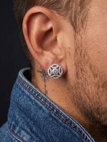 1 Pair Men's Personalized Hollow Geometric Pattern Zirconia Stud Earrings, Round Carved Single Main Diamond Ear Jewelry, Men's Autumn Hip-Hop Street Daily Party Jewelry - Earrings - View 6