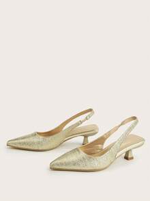 Women's Solid Color Ruched Kitten Heel Shoes, Elegant Pointed Toe High Heels, Fashion Ankle Strap Open Back High Heels (Random Cut) - Gold - View 3