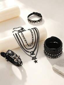 6Pcs Goth Punk Faux Leather Set, Skull Star Rivet Bracelets, Multi‑Layer Star OT Chain Necklaces & Spike Earrings, All‑Season Edgy Women Accessories - Multicolor - View 2
