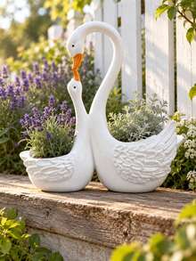 1pc Double Swan Planter, Elegant White Bird-Shaped Flower Pot With Two Planting Compartments, Succulent And Small Plant Container For Outdoor Garden, Patio, Porch, Balcony, Lawn And Yard Decor - New Product - View 9