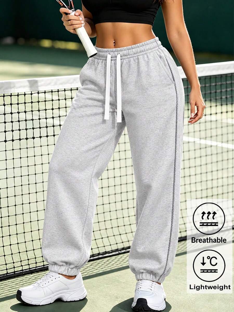 Calça de Moletom Feminina de Cor Sólida - Calça Casual Feminina, Estilo Outono/Inverno, Roupa Esportiva Essencial de Outono/Inverno - Cinza - Visão 1