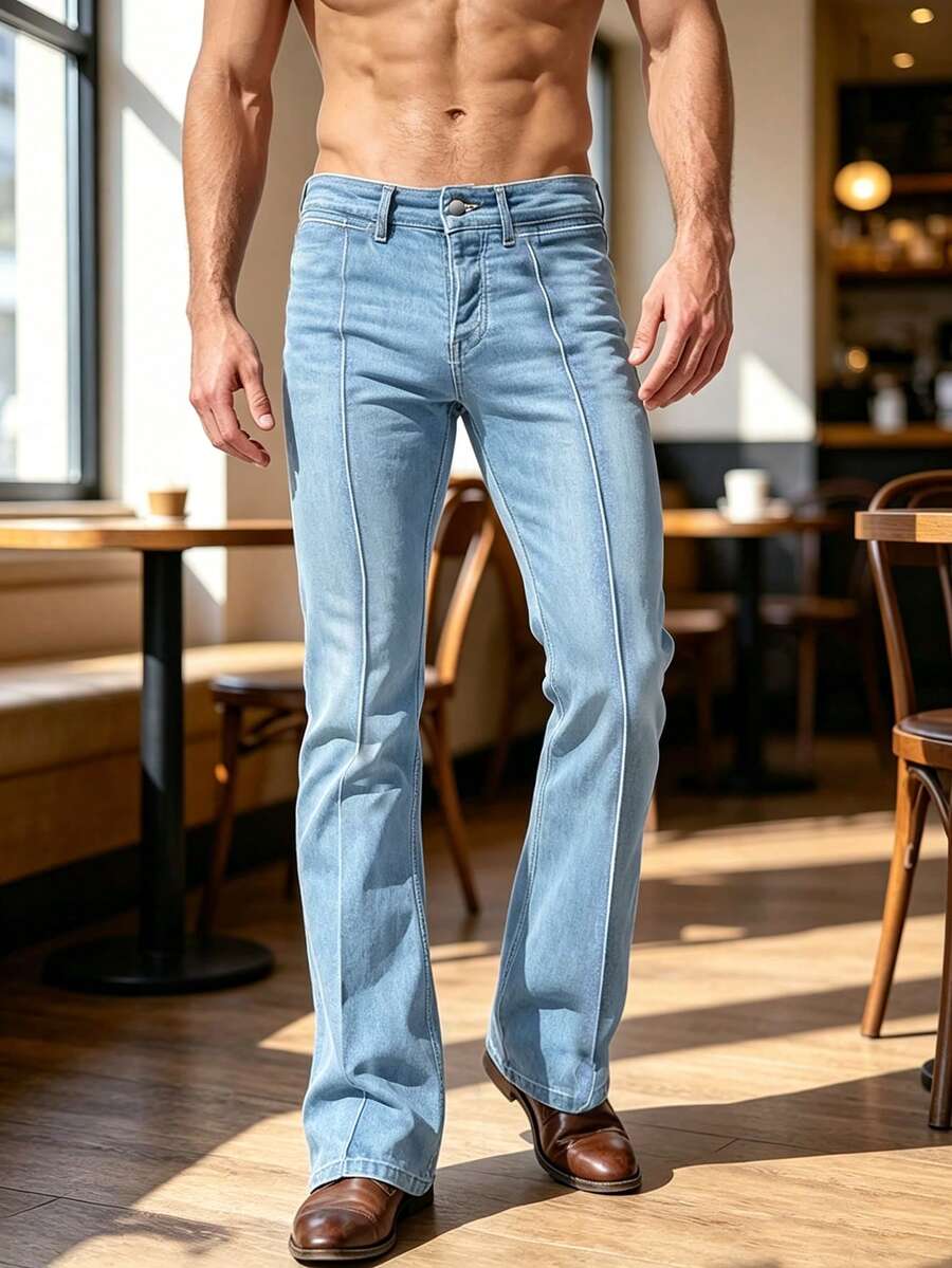 YANGCANREN Men's Fashion Creative Pocket Elastic Flare Jeans - Baby Blue - View 1