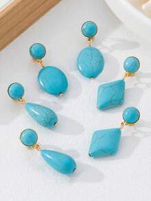 1Pair Fashionable Oval Turquoise Ear Clips, Geometric Personalized Clip On Earrings For Women No Pierced Ears - Turquoise - View 2