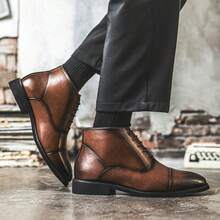 Autumn Winter Men's Luxury Genuine Leather Chelsea Boots Ankle High Grade Slip-On Buckle Strap Wingtip Brown Basic Shoes - Brown - View 3