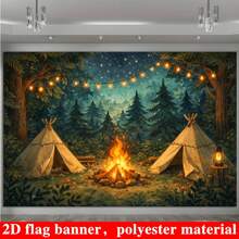 One 2D Banner Banner For Forest Camping Bonfire Theme, With String Lights, Tents And Mushrooms In Starry Night Design, Suitable For Indoor And Outdoor Scenes Without Power Supply, And Suitable For Room Decoration. - 1 - View 8