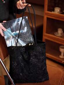 Korean Style Shiny Black Lace Niche Design INS Style Large Capacity Tote Bag For Commuting, Outing, Daily Shopping, Shoulder Slouchy Handbag - Black - View 3