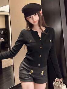 秋冬新款韓式甜美休閒女款針織開襟外套，溫柔風金屬鈕扣圓領前開修身長袖夾克上衣，百搭日常通勤 - 黑色 - 查看 2